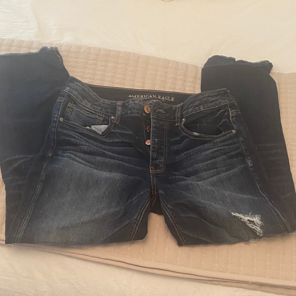 American Eagle Outfitters Women's Distressed Dark Blue High Rise Jeans